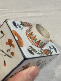 A pair of Chinese famille verte rectangular tea caddies and covers with fighting roosters, Kangxi