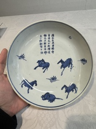 A Chinese blue and white ko-sometsuke 'horses and poem' plate for the Japanese market, Tianqi