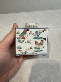 A pair of Chinese famille verte rectangular tea caddies and covers with fighting roosters, Kangxi