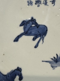 A Chinese blue and white ko-sometsuke 'horses and poem' plate for the Japanese market, Tianqi