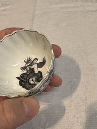 Two Chinese gilt-decorated grisaille 'European subject' cups and saucers, Qianlong