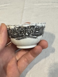Two Chinese gilt-decorated grisaille 'European subject' cups and saucers, Qianlong