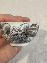 A set of four Chinese gilt-decorated grisaille 'landscape' cups and saucers, Yongzheng/Qianlong