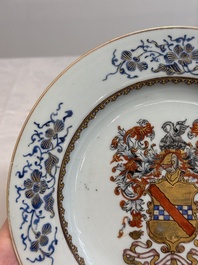 A pair of Chinese gilt-decorated famille rose armorial plates with the arms of Stewart, Qianlong, c. 1740