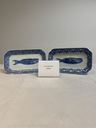 A pair of Chinese blue and white 'herring' dishes, Qianlong