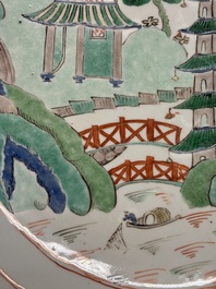 A Chinese famille verte 'river landscape' dish, lozenge mark, Kangxi