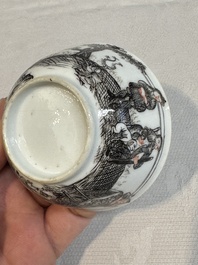 Two Chinese gilt-decorated grisaille 'European subject' cups and saucers, Qianlong