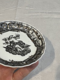 Two Chinese gilt-decorated grisaille 'European subject' cups and saucers, Qianlong