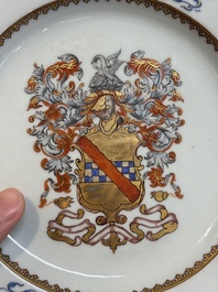 A pair of Chinese gilt-decorated famille rose armorial plates with the arms of Stewart, Qianlong, c. 1740