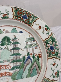 A Chinese famille verte 'river landscape' dish, lozenge mark, Kangxi
