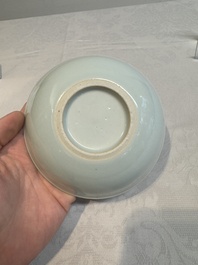 A Chinese monochrome 'anhua' 'dragon' bowl and a blue and white 'dragon' saucer, 18/19th C.