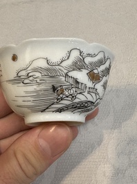 A set of four Chinese gilt-decorated grisaille 'landscape' cups and saucers, Yongzheng/Qianlong