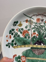 Two Chinese famille verte 'flower basket' dishes and a plate, Kangxi