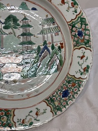 A Chinese famille verte 'river landscape' dish, lozenge mark, Kangxi