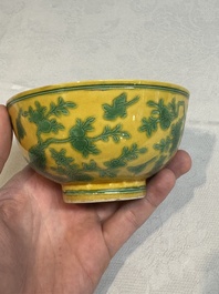 A Chinese yellow-ground 'birds and peaches' bowl, Guangxu mark and possibly of the period