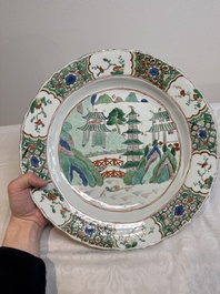 A Chinese famille verte 'river landscape' dish, lozenge mark, Kangxi