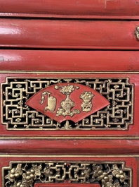 A large and fine Chinese gilt-red-lacquered cabinet with figures and antiquities, 19th C.