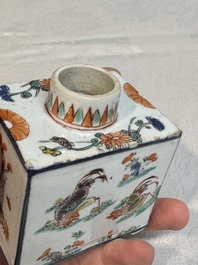 A pair of Chinese famille verte rectangular tea caddies and covers with fighting roosters, Kangxi