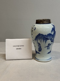 A Chinese silver-mounted blue and white vase, Qing Wan Ya Zhi 清玩雅製 mark, Kangxi