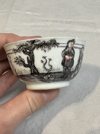Two Chinese gilt-decorated grisaille 'European subject' cups and saucers, Qianlong