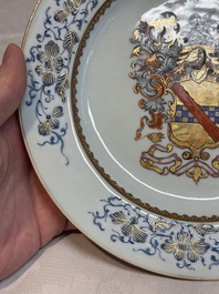 A pair of Chinese gilt-decorated famille rose armorial plates with the arms of Stewart, Qianlong, c. 1740