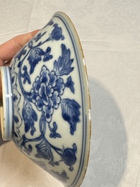 A Chinese blue and white 'peony scroll' bowl, Chenghua mark, Shunzhi/Kangxi