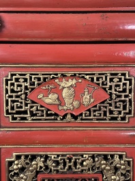 A large and fine Chinese gilt-red-lacquered cabinet with figures and antiquities, 19th C.