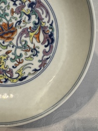 A Chinese doucai 'phoenix and lotus scroll' plate, Qianlong mark and of the period