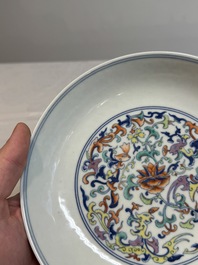 A Chinese doucai 'phoenix and lotus scroll' plate, Qianlong mark and of the period