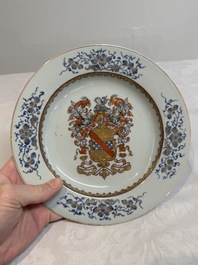 A pair of Chinese gilt-decorated famille rose armorial plates with the arms of Stewart, Qianlong, c. 1740