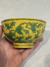A Chinese yellow-ground 'birds and peaches' bowl, Guangxu mark and possibly of the period