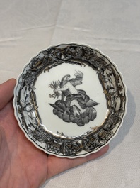 Two Chinese gilt-decorated grisaille 'European subject' cups and saucers, Qianlong