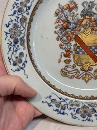 A pair of Chinese gilt-decorated famille rose armorial plates with the arms of Stewart, Qianlong, c. 1740