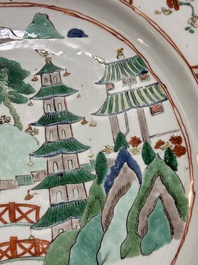 A Chinese famille verte 'river landscape' dish, lozenge mark, Kangxi