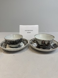 Two Chinese gilt-decorated grisaille 'European subject' cups and saucers, Qianlong
