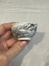 A set of four Chinese gilt-decorated grisaille 'landscape' cups and saucers, Yongzheng/Qianlong