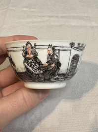 Two Chinese gilt-decorated grisaille 'European subject' cups and saucers, Qianlong