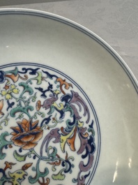 A Chinese doucai 'phoenix and lotus scroll' plate, Qianlong mark and of the period
