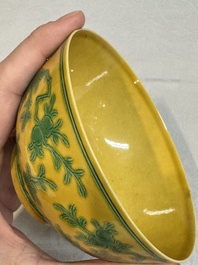 A Chinese yellow-ground 'birds and peaches' bowl, Guangxu mark and possibly of the period