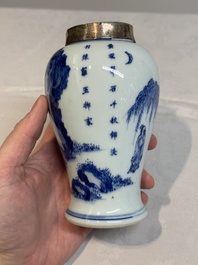 A Chinese silver-mounted blue and white vase, Qing Wan Ya Zhi 清玩雅製 mark, Kangxi