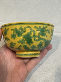 A Chinese yellow-ground 'birds and peaches' bowl, Guangxu mark and possibly of the period