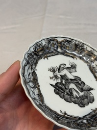 Two Chinese gilt-decorated grisaille 'European subject' cups and saucers, Qianlong