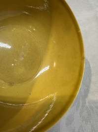 A Chinese yellow-ground 'birds and peaches' bowl, Guangxu mark and possibly of the period