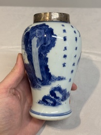 A Chinese silver-mounted blue and white vase, Qing Wan Ya Zhi 清玩雅製 mark, Kangxi