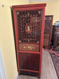 A large and fine Chinese gilt-red-lacquered cabinet with figures and antiquities, 19th C.