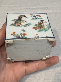 A pair of Chinese famille verte rectangular tea caddies and covers with fighting roosters, Kangxi