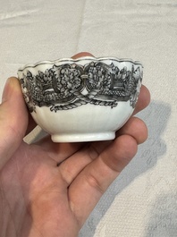 Two Chinese gilt-decorated grisaille 'European subject' cups and saucers, Qianlong