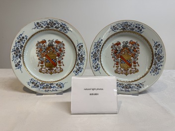 A pair of Chinese gilt-decorated famille rose armorial plates with the arms of Stewart, Qianlong, c. 1740