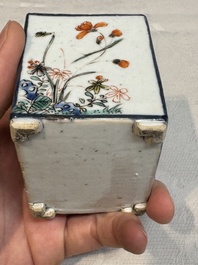 A pair of Chinese famille verte rectangular tea caddies and covers with fighting roosters, Kangxi