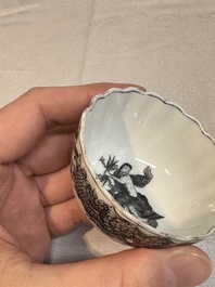 Two Chinese gilt-decorated grisaille 'European subject' cups and saucers, Qianlong